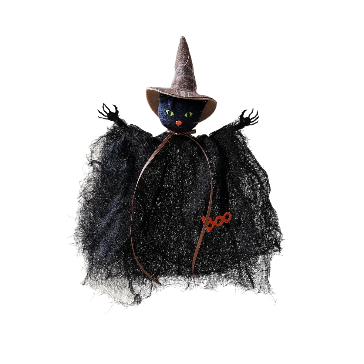 Black felt witch cat halloween decoration pendant with green eyes orange nose and black mesh fabric draped design