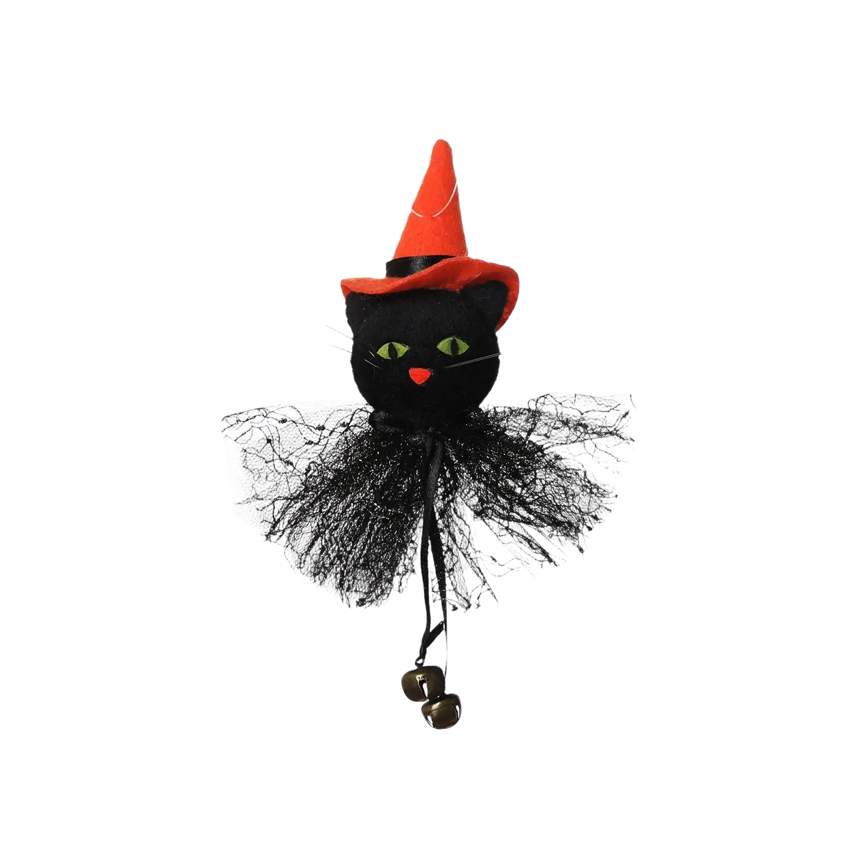 Black felt witch cat halloween decoration pendant with green eyes orange hat black tulle skirt and dangling bells