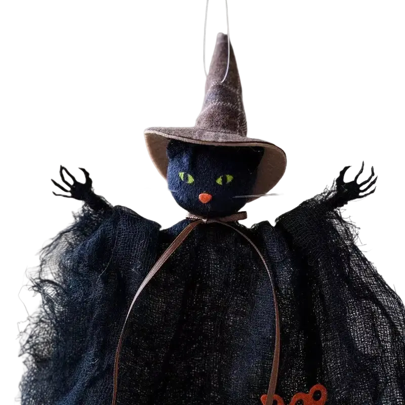 Black felt witch cat halloween decoration pendant with green eyes orange nose and brown pointed fabric hat