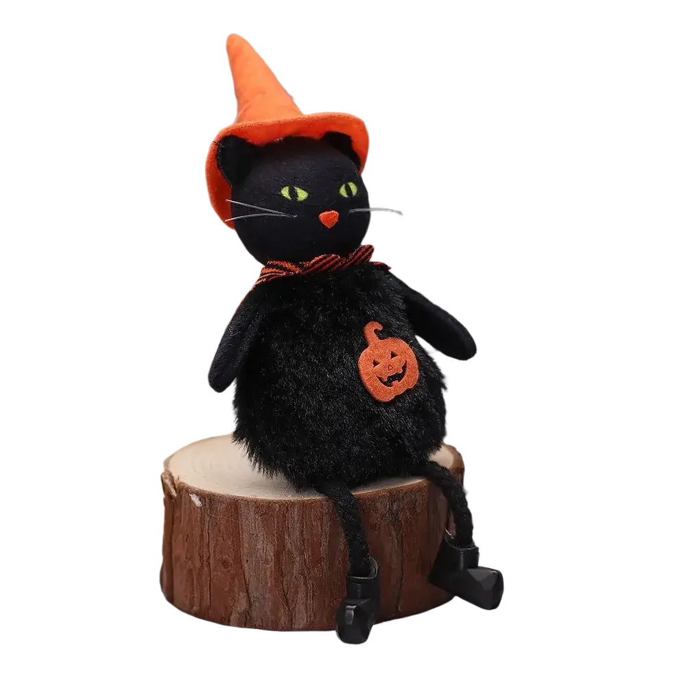 Black plush halloween decoration cat figurine wearing orange hat and red striped scarf with stitched pumpkin patch pendant halloween
