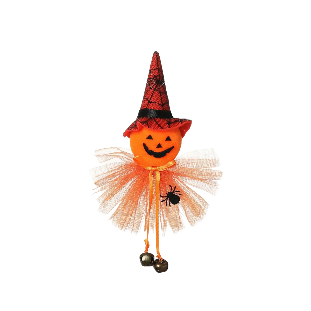 Halloween decoration pendant featuring an orange pumpkin fabric figurine with a red spiderweb witch hat and orange tulle skirt