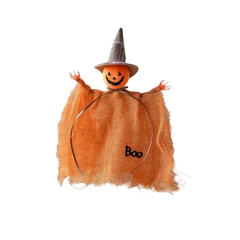 Orange halloween decoration witch hanging pendant with smiling pumpkin face gray hat frayed tulle cape boo lettering
