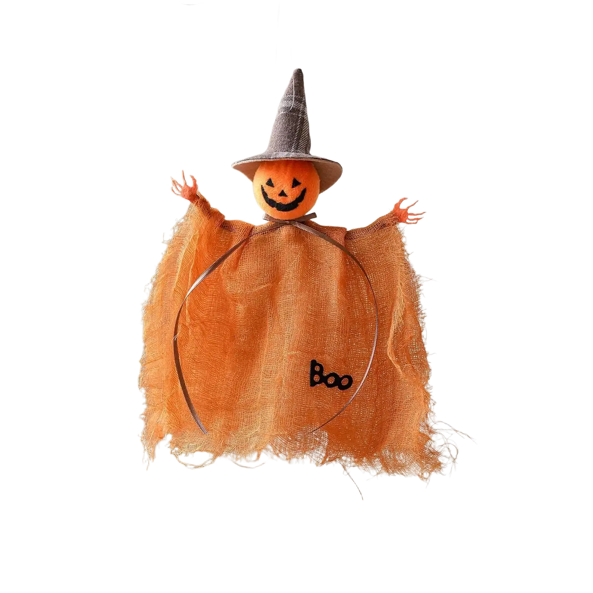 Orange fabric halloween decoration ghost pendant with smiling pumpkin face and gray plaid witch hat embroidered boo cape