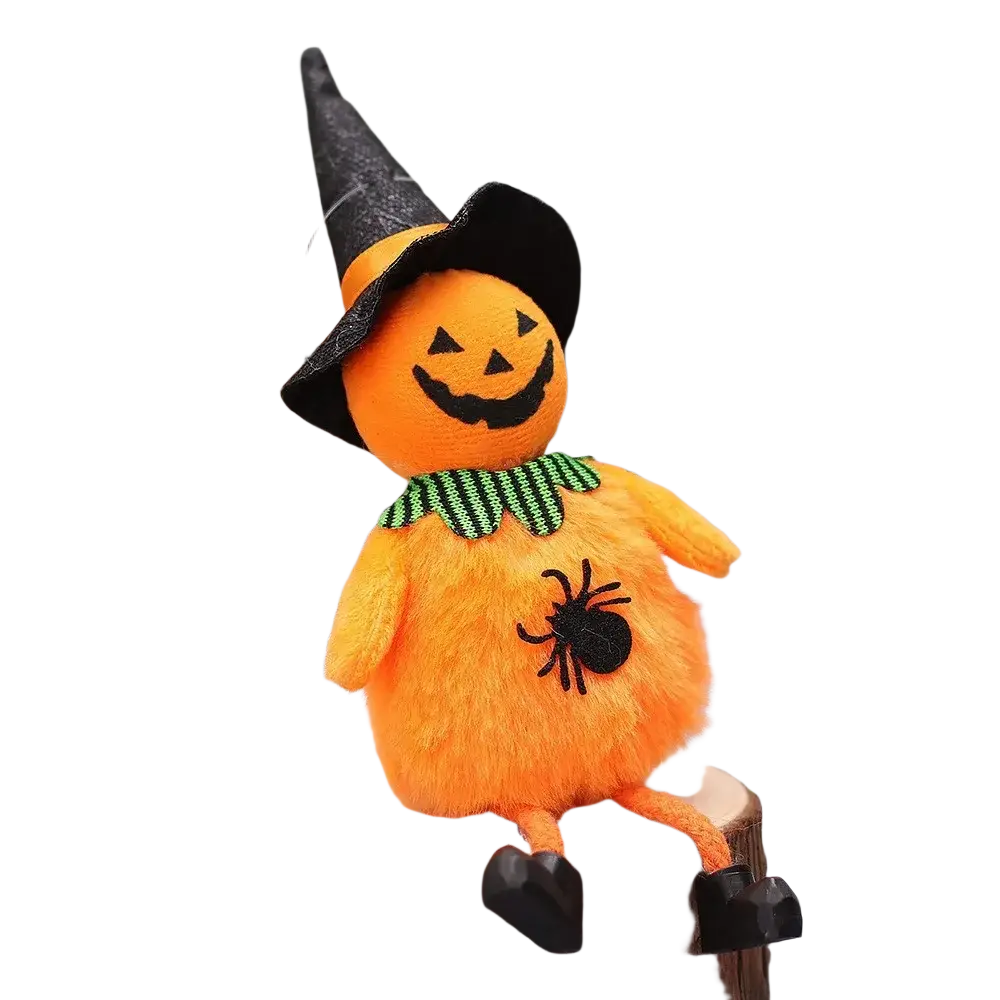 Orange plush halloween decoration pumpkin figurine with black witch hat green scarf and spider pendant halloween accessory