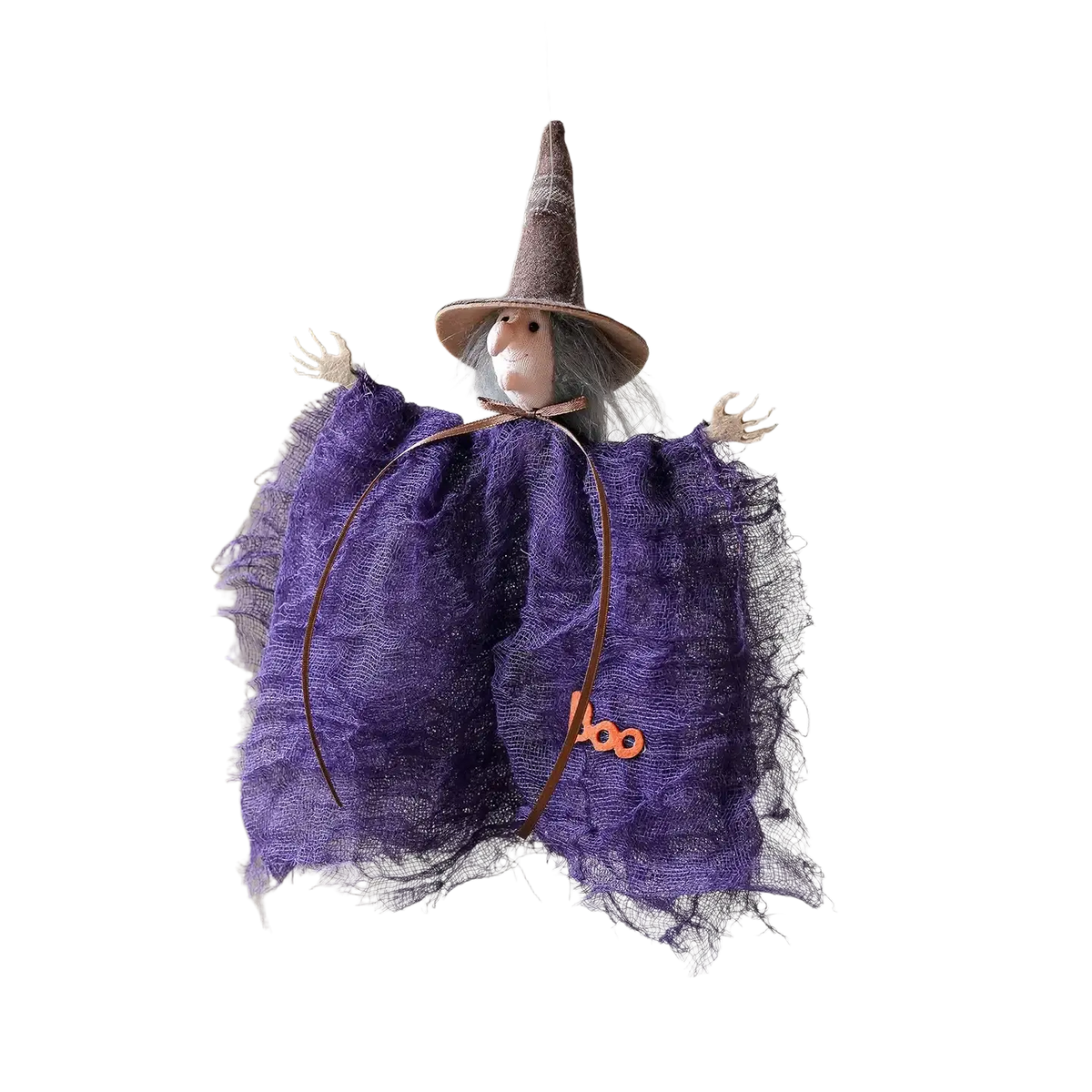 Purple witch halloween decoration pendant with textured layered fabric dress and brown pointed hat hanging figurine