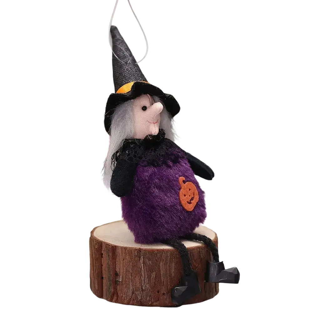 Purple plush witch halloween decoration pendant with black hat lace collar and orange pumpkin patch on belly