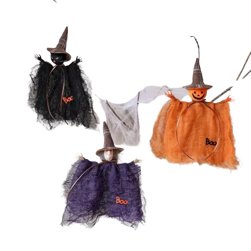 Three halloween decoration witch hanging pendant fabric figurines with textured fabric witch hats and embroidered boo robes