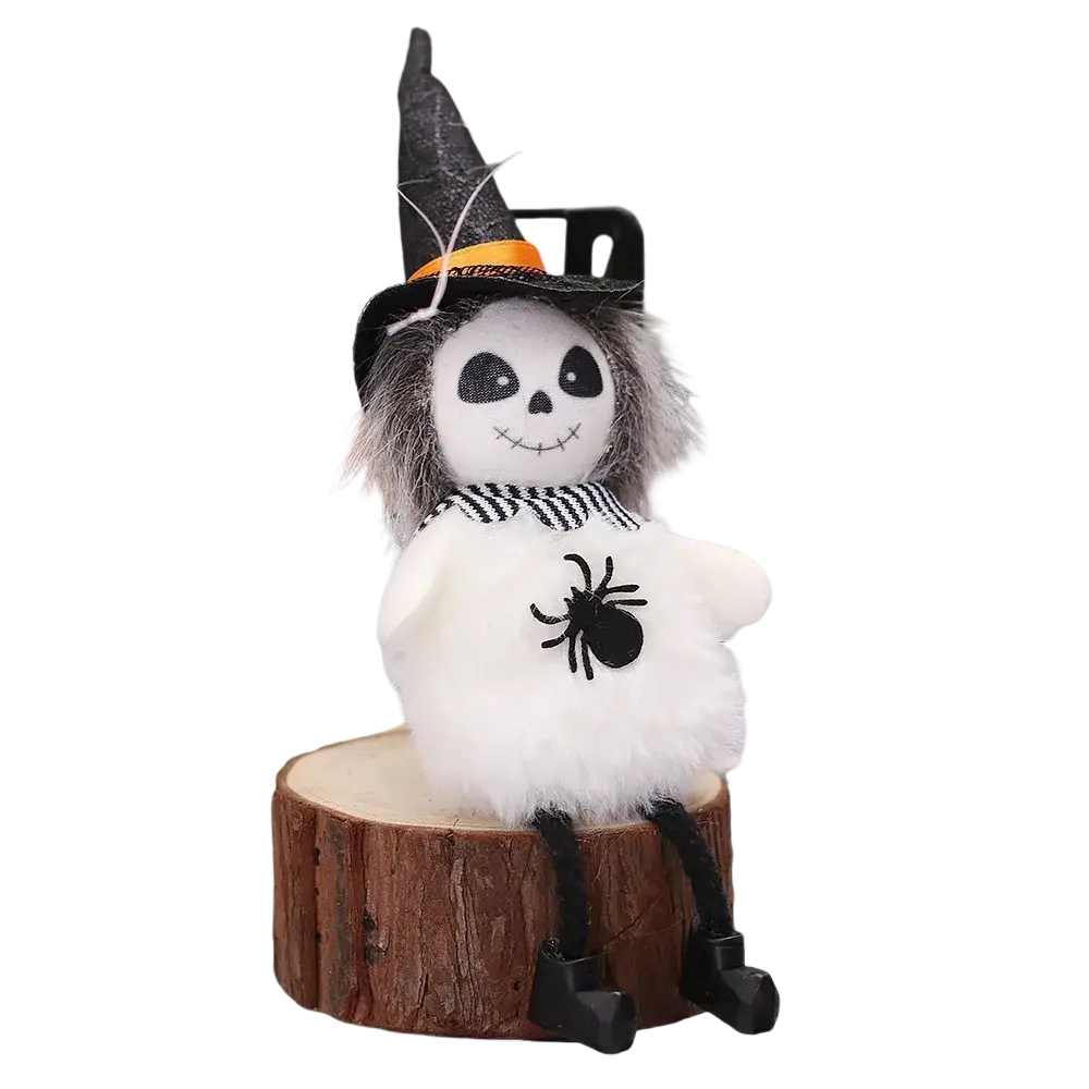 White plush skeleton figurine halloween decoration with black witch hat orange band striped scarf pendant halloween