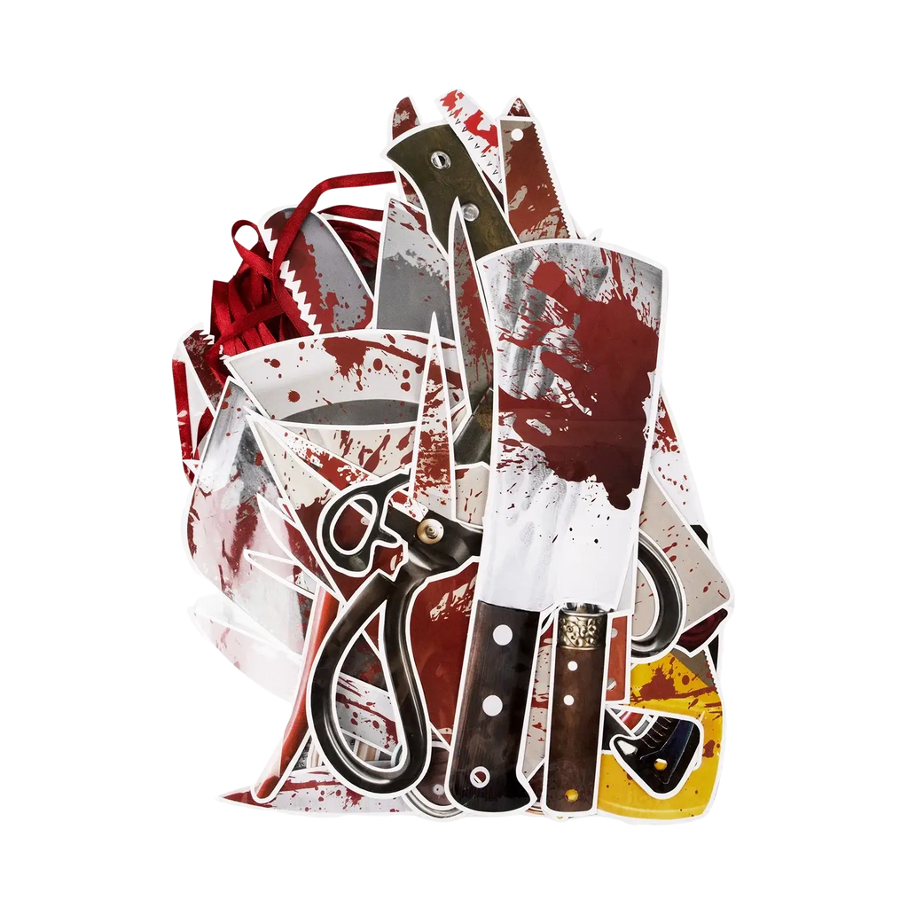 Halloween decorations featuring bloody weapon garland with knives scissors and cleaver in red black white and yellow