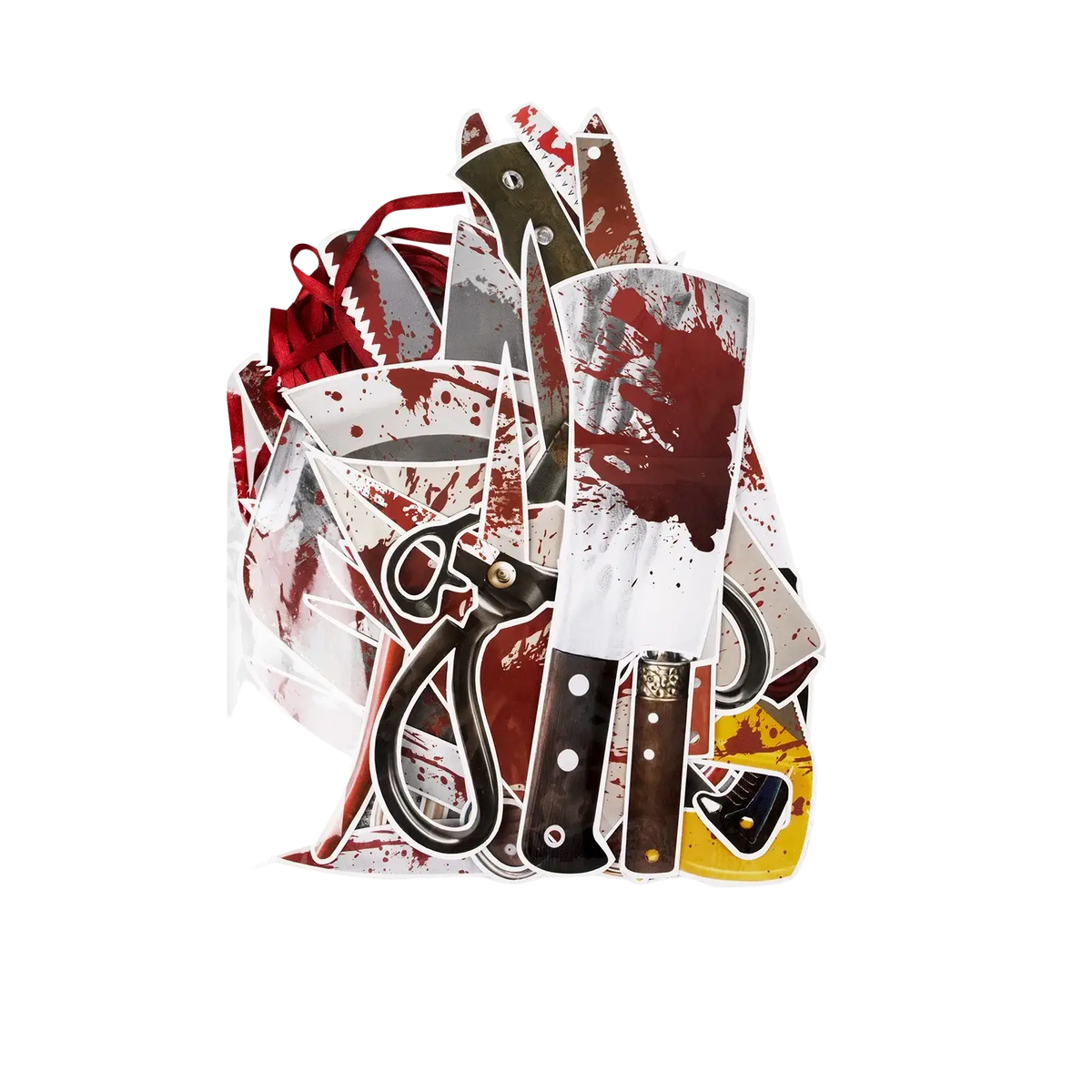 Halloween decorations bloody weapon garland featuring colorful paper cutouts of bloody knives, scissors, and a cleaver