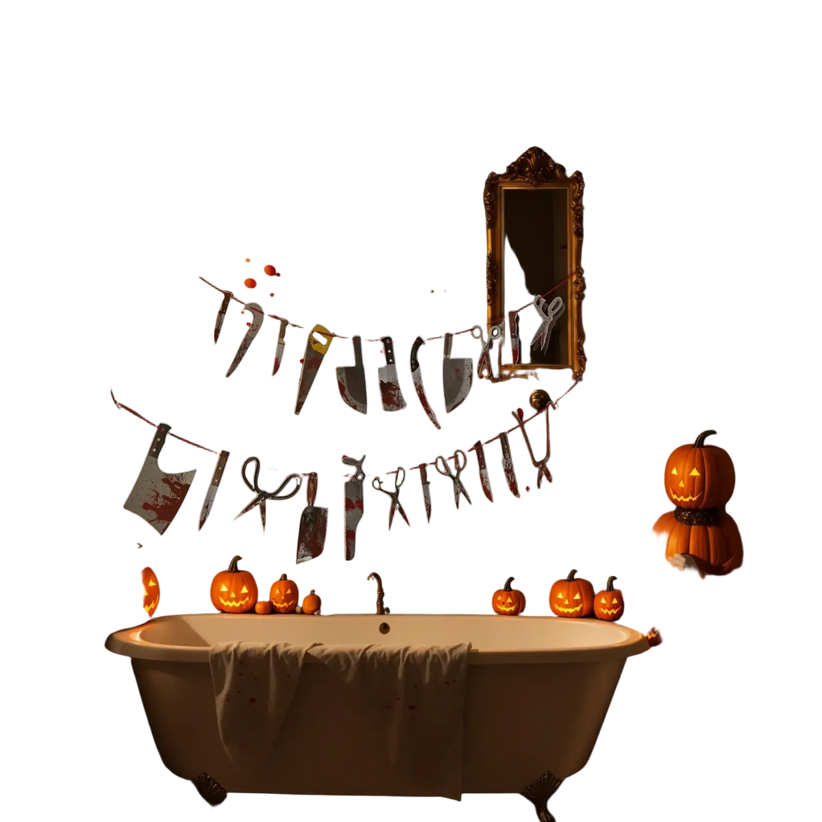 Halloween decorations bloody weapon garland featuring red cut-out knives and scissors hanging above a white bathtub