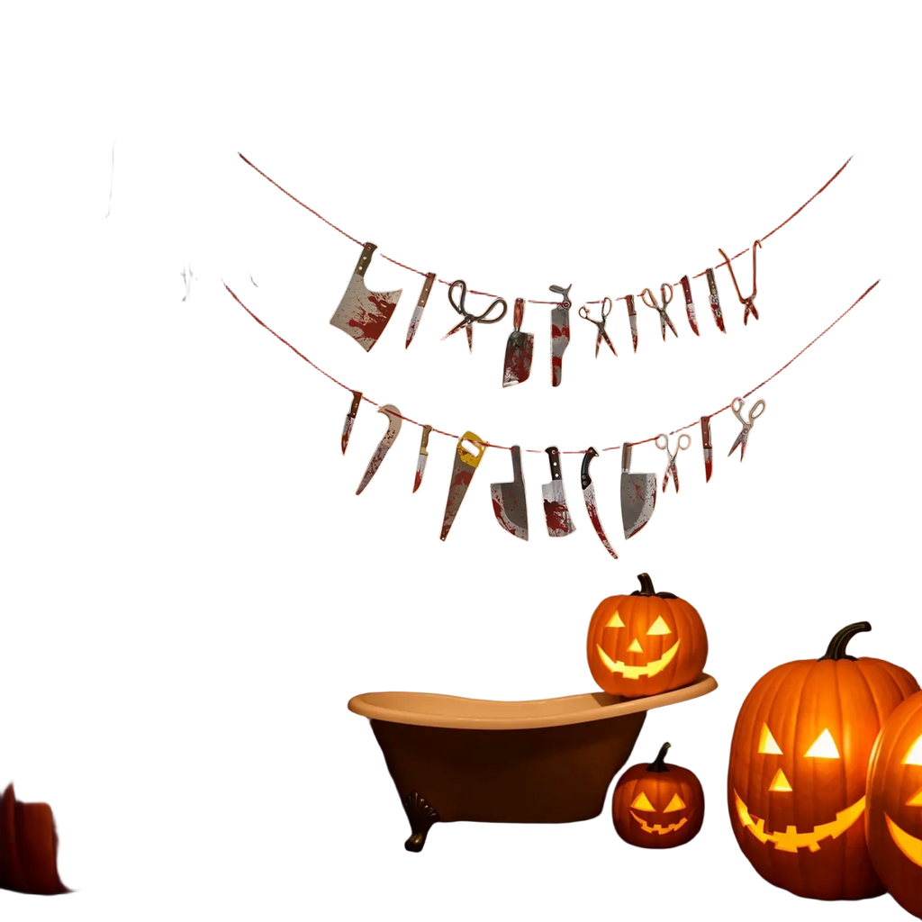 Halloween decorations bloody weapon garland featuring black cord with red splattered knife and scissor silhouettes
