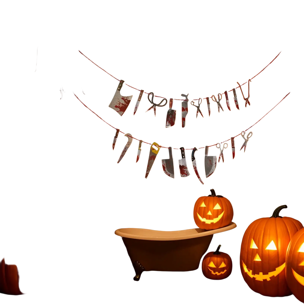 Halloween decorations bloody weapon garland featuring black cord with red splattered knife and scissor silhouettes