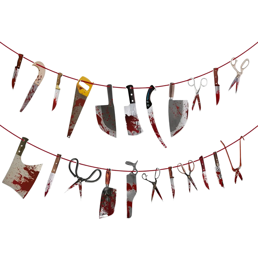 Halloween decorations bloody weapon garland featuring bloody knives and scissors hanging from red string