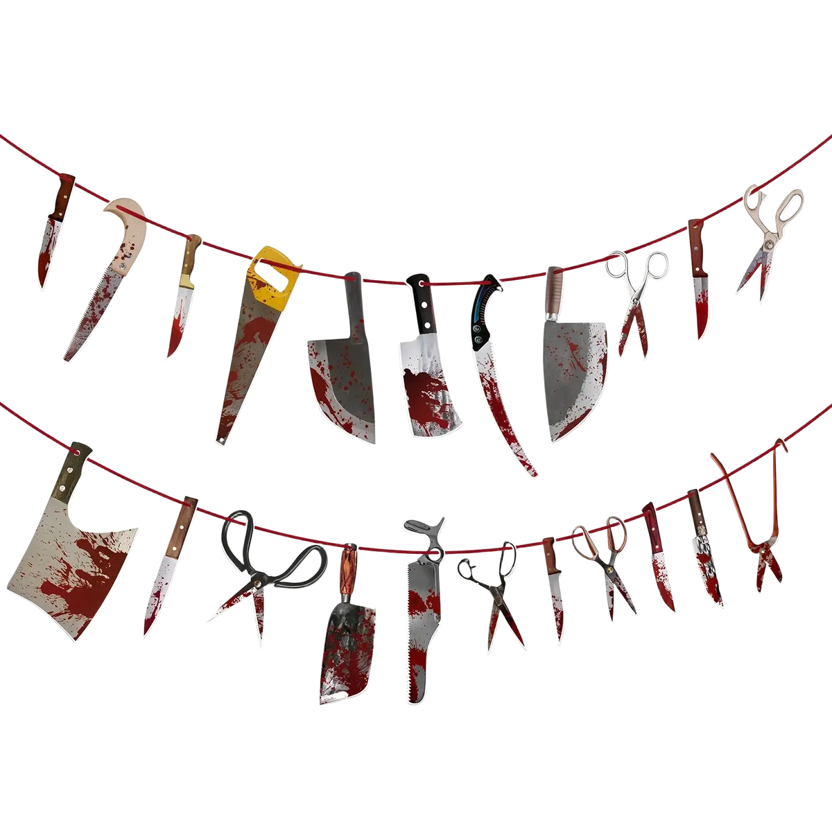 Halloween decorations bloody weapon garland featuring bloody knives and scissors hanging from red string