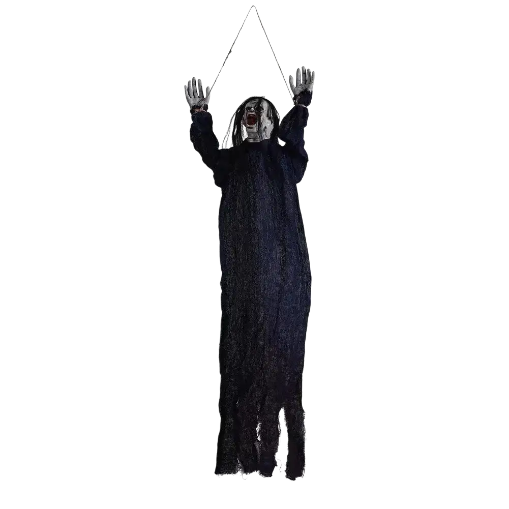 Black textured fabric hanging creepy scarecrow prop with distressed appearance and outstretched arms for halloween decorations