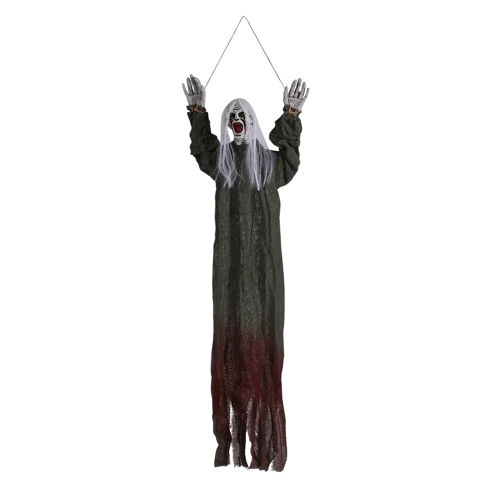 Halloween decorations hanging creepy scarecrow prop featuring a ghostly figure with white hair and green to maroon robe