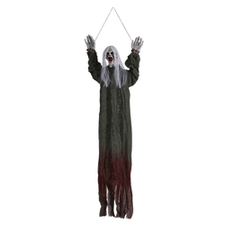 Halloween decorations hanging creepy scarecrow prop featuring a ghostly figure with white hair and green to maroon robe