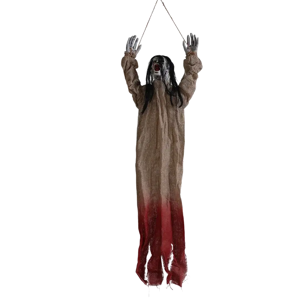 A hanging halloween decoration featuring a ghostly figure with long black hair in a tattered beige and red robe