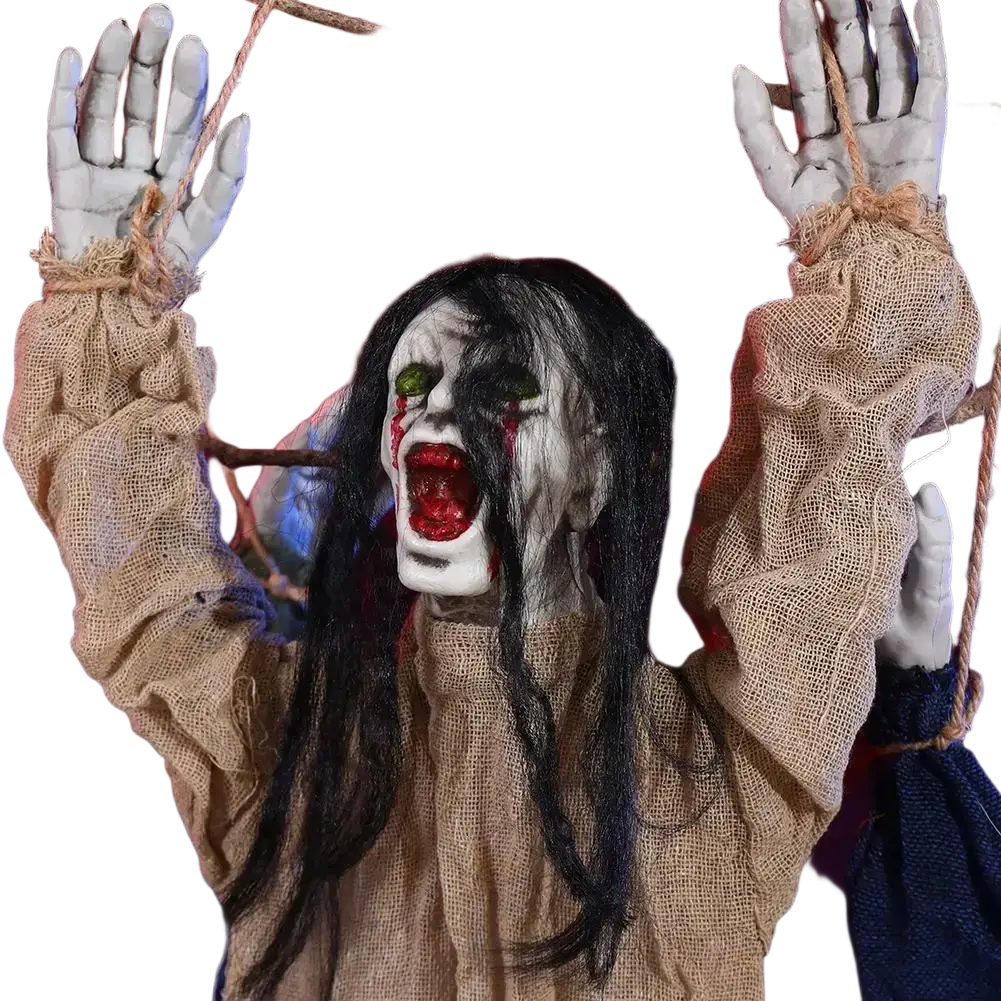 A hanging creepy scarecrow halloween decoration with pale painted skin, long black hair, and coarse burlap garment