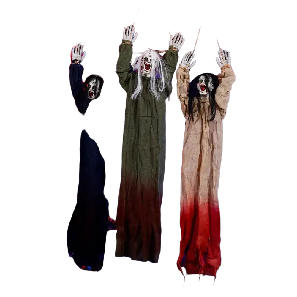 Three hanging halloween decorations creepy scarecrow props with painted faces and gradient fabric robes