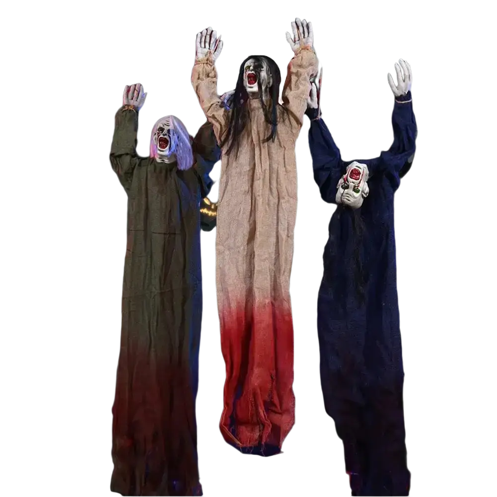 Three hanging halloween decorations animatronic scarecrow props in brownish-green, beige red, and dark blue with glowing eyes