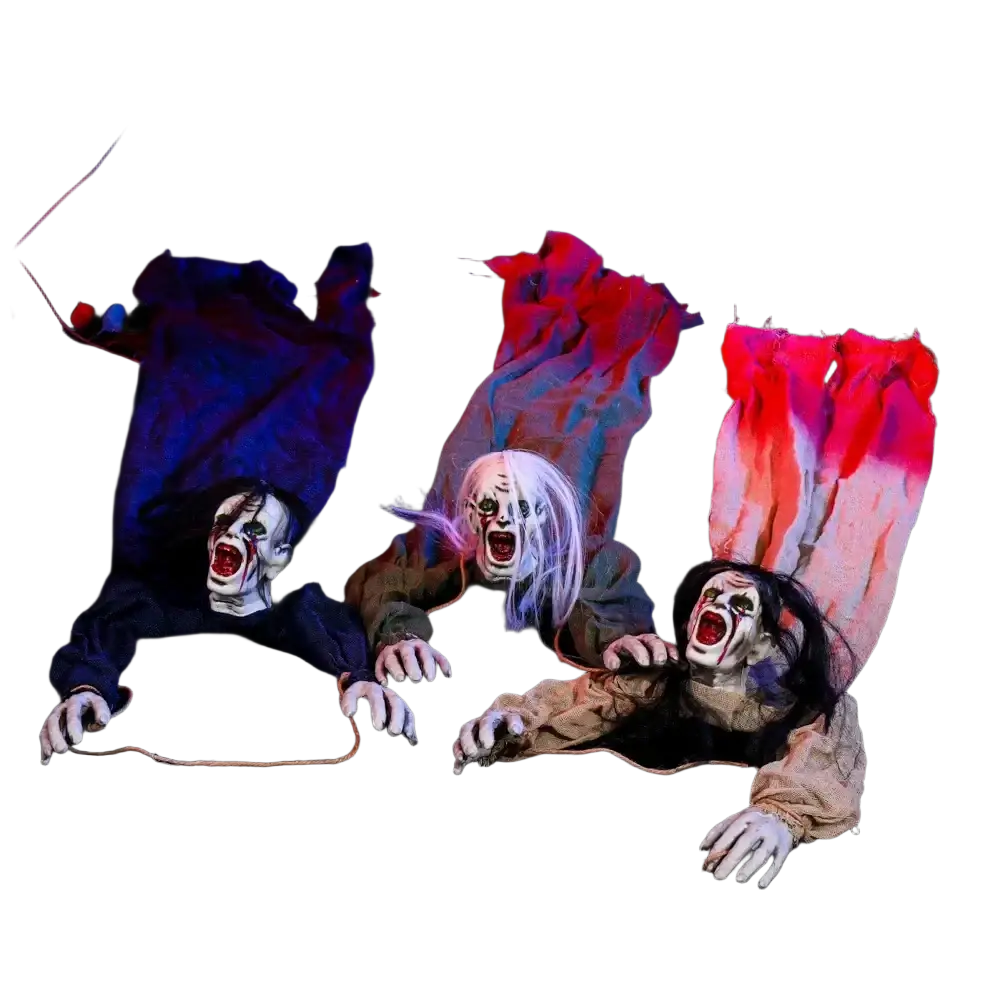 Three halloween decorations hanging creepy scarecrow prop with painted faces, long hair, and tattered clothing