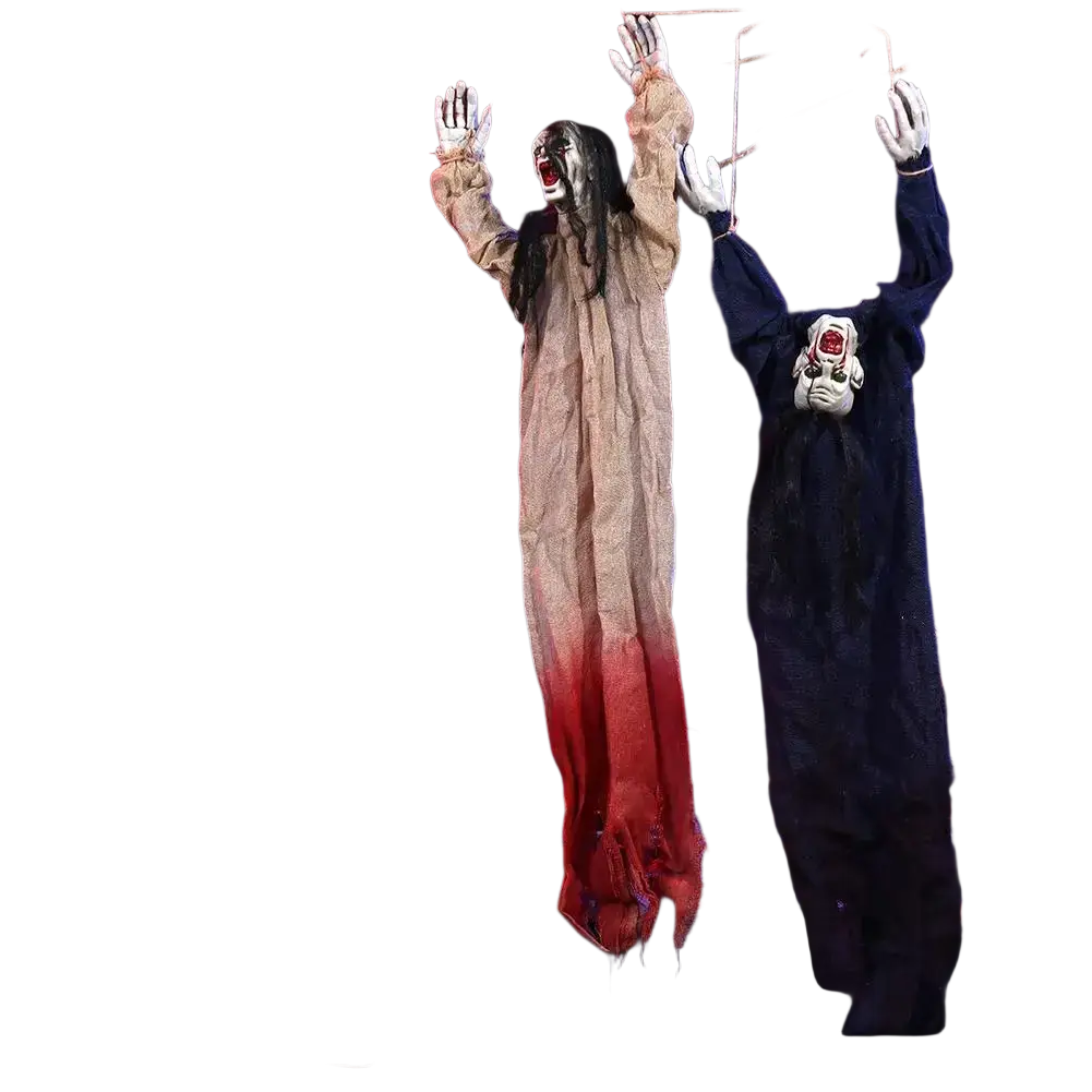 Two hanging halloween decorations scarecrow props with a beige red gradient robe and dark blue robe with glowing eyes