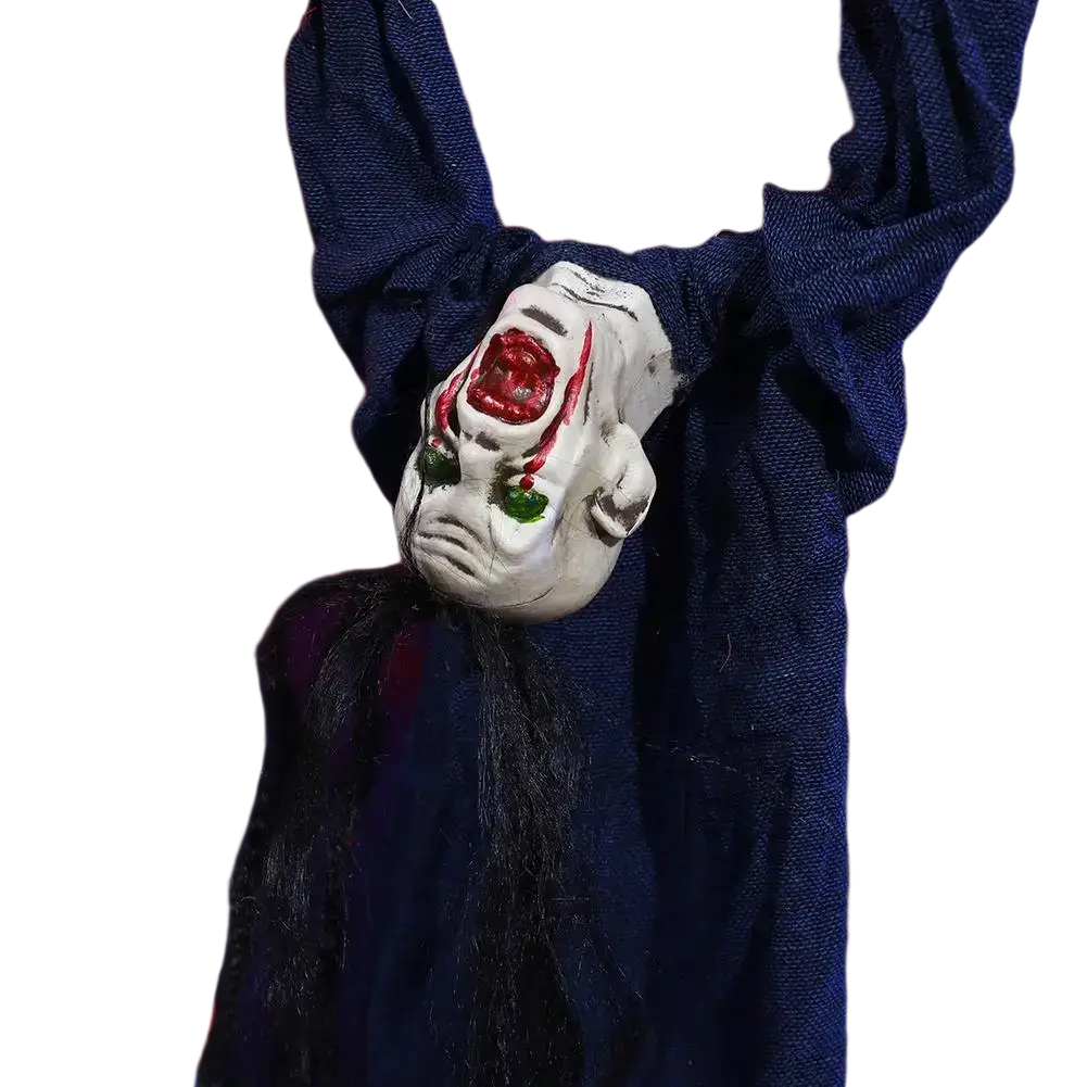 A white plastic halloween decoration hanging creepy scarecrow prop with a screaming face red lips and green eyes