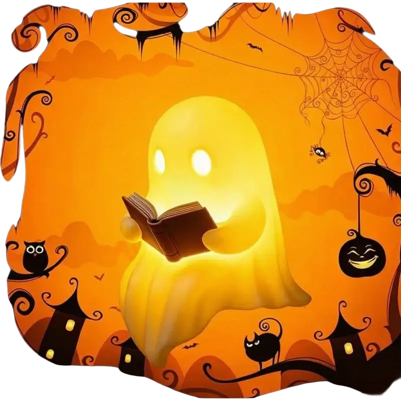 A glowing yellow halloween desktop luminous ghost-shaped lamp holding an open book with warm light