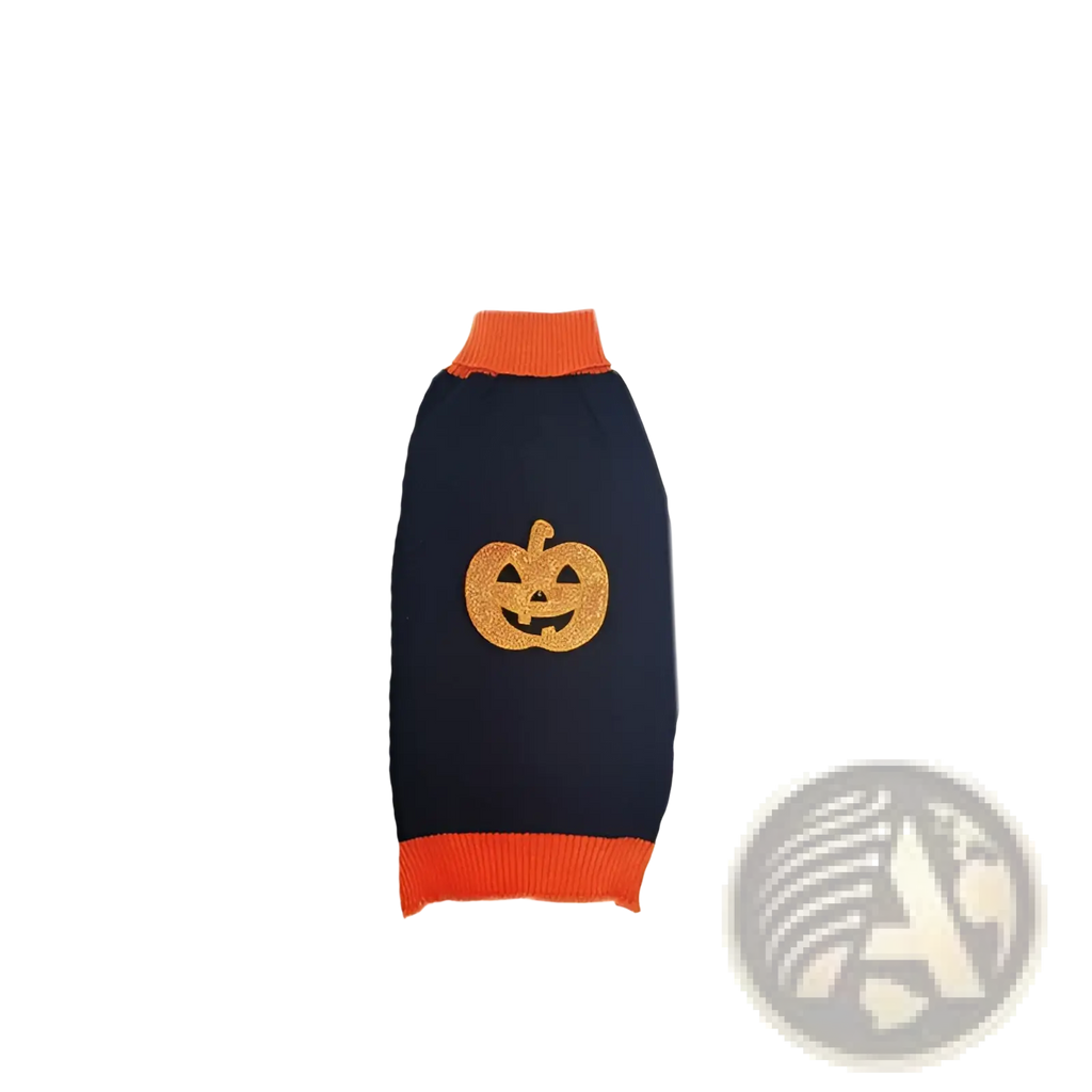 A navy blue knitted Halloween dog sweater with orange ribbed cuffs and neckline and a glittery gold pumpkin design
