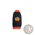 A navy blue knitted Halloween dog sweater with orange ribbed cuffs and neckline and a glittery gold pumpkin design