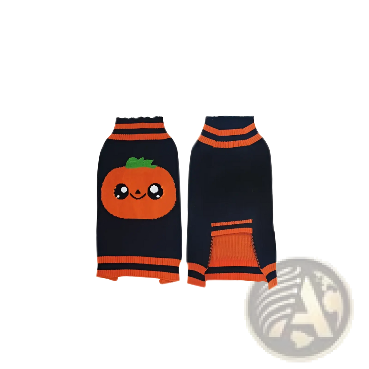 Black and orange jacquard knitted pumpkin-themed Halloween dog sweater with a cute smiling face design