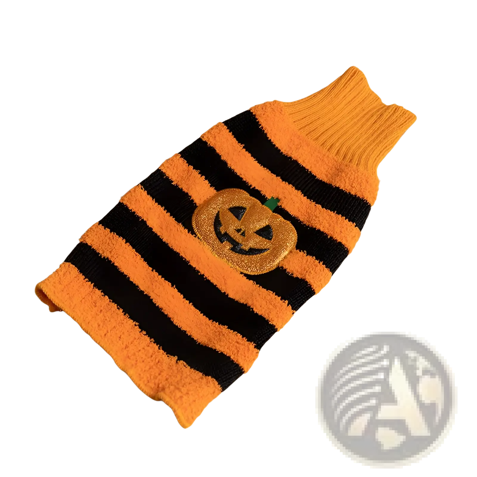 Orange and black striped knitted halloween dog sweater with glittery pumpkin patch design pet costume