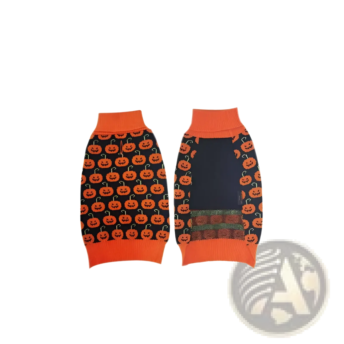 Orange and black knitted Halloween dog sweater with pumpkin design and ribbed cuffs for pet costume use