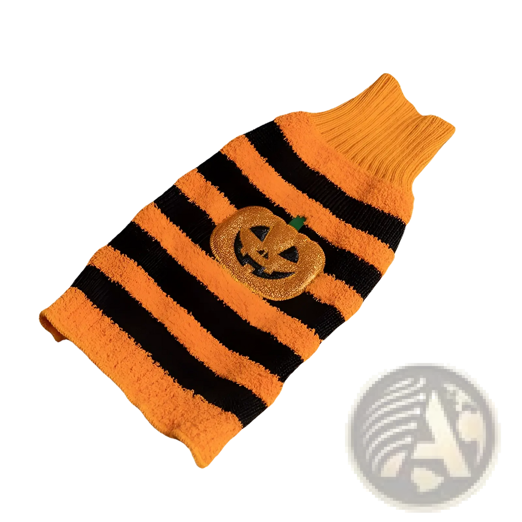 Orange and black striped knitted Halloween dog sweater with glittery pumpkin patch design for pet costume