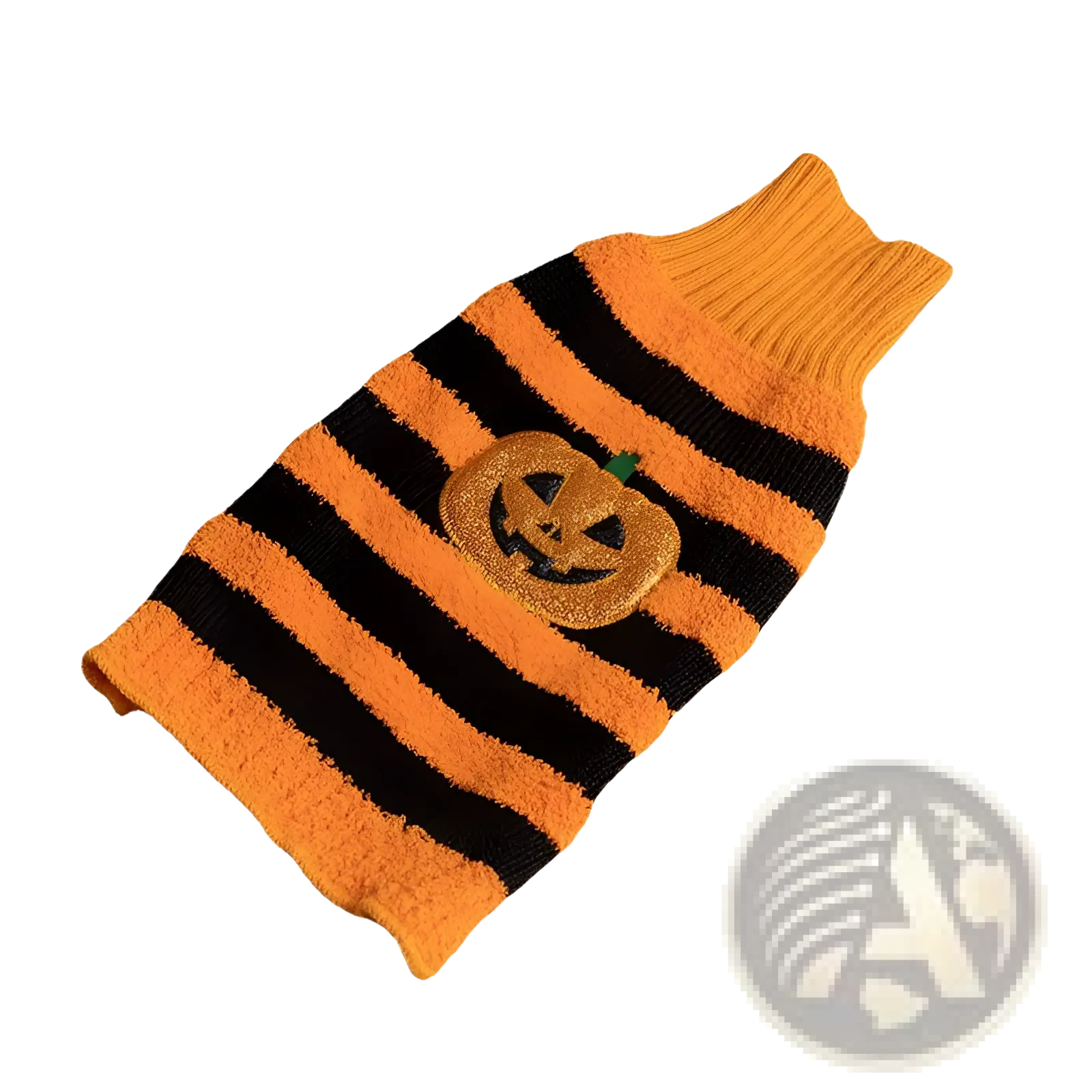 Orange and black striped knitted Halloween dog sweater with glittery pumpkin patch design for pet costume
