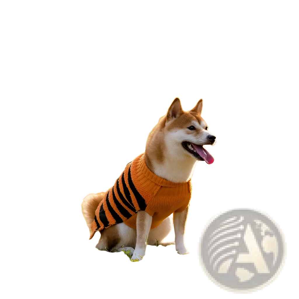Orange and black striped knitted sweater for shiba inu dog designed as a halloween pumpkin knit pet costume