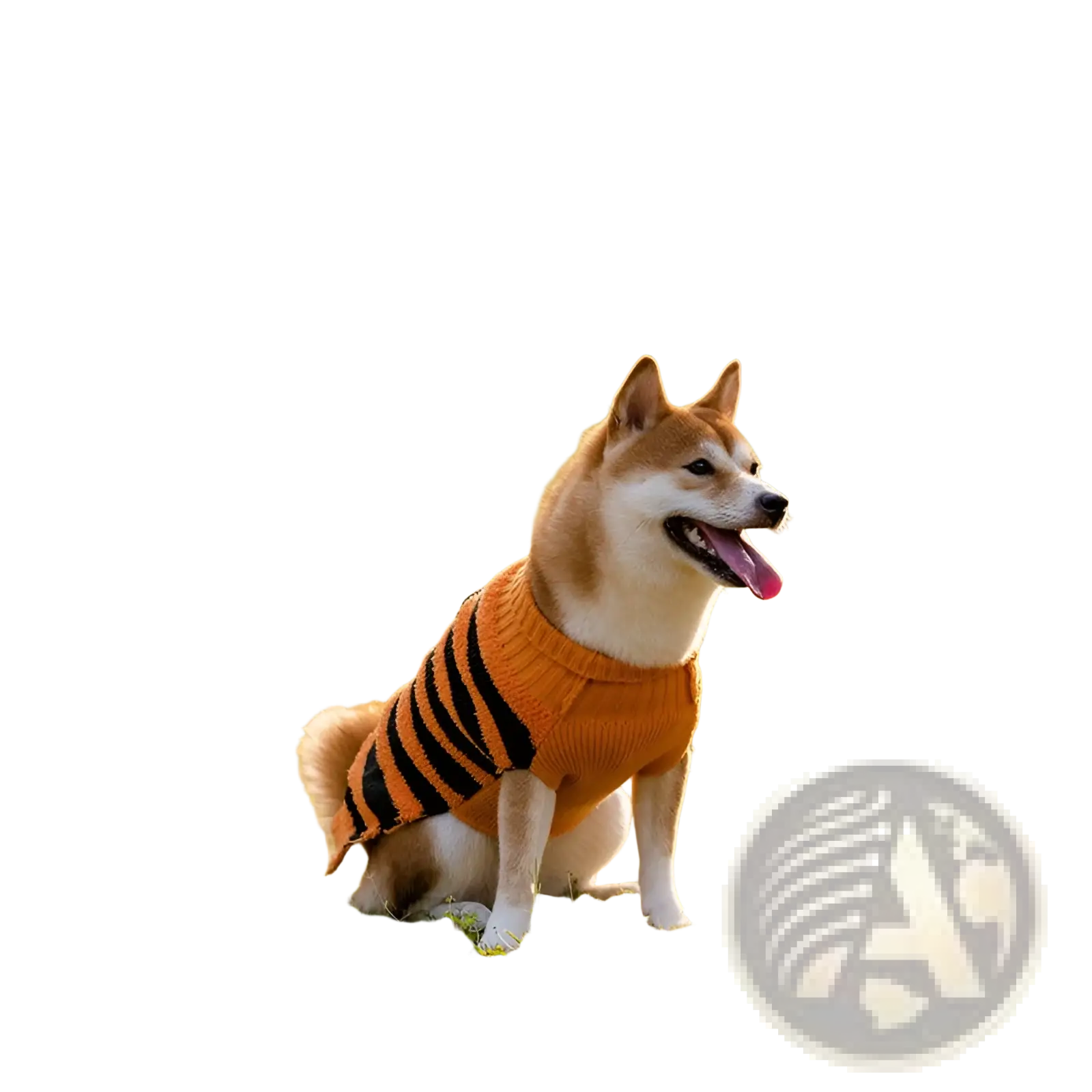 Orange and black striped knitted sweater for shiba inu dog designed as a halloween pumpkin knit pet costume