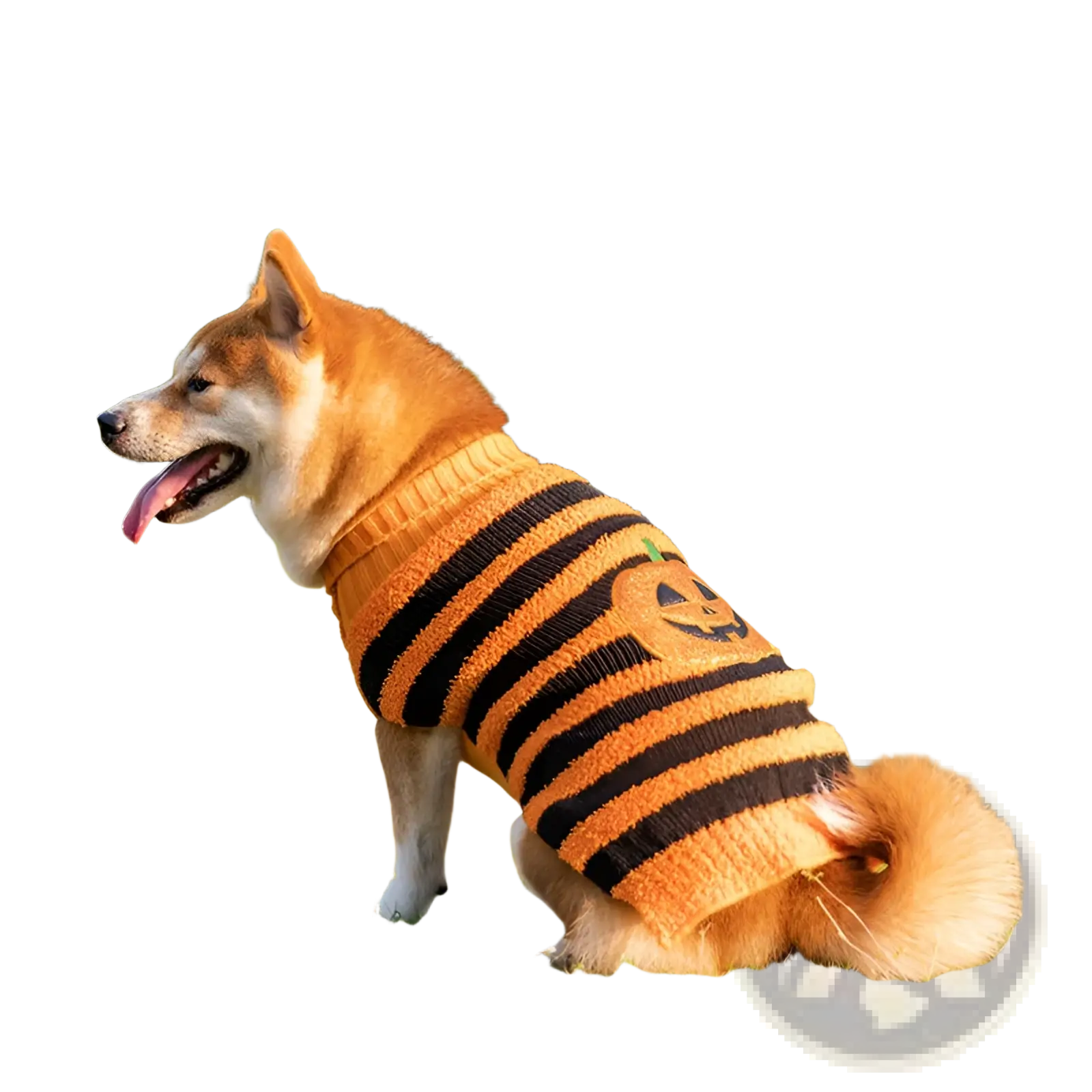 Orange and black striped knitted Halloween dog sweater with pumpkin face design worn by a shiba inu dog
