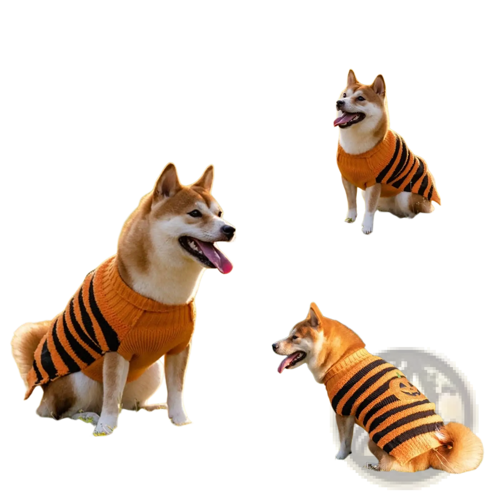 Orange and black striped knitted tiger costume dog sweater for halloween pumpkin knit pet costume visible from back side