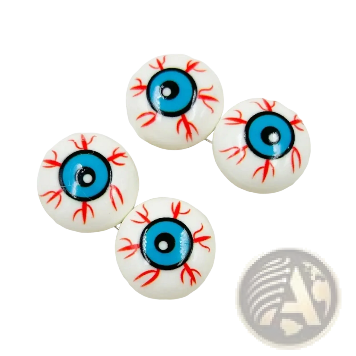 Halloween eyeball ornaments and hairpins made of white round glass beads with vibrant blue irises and red veins