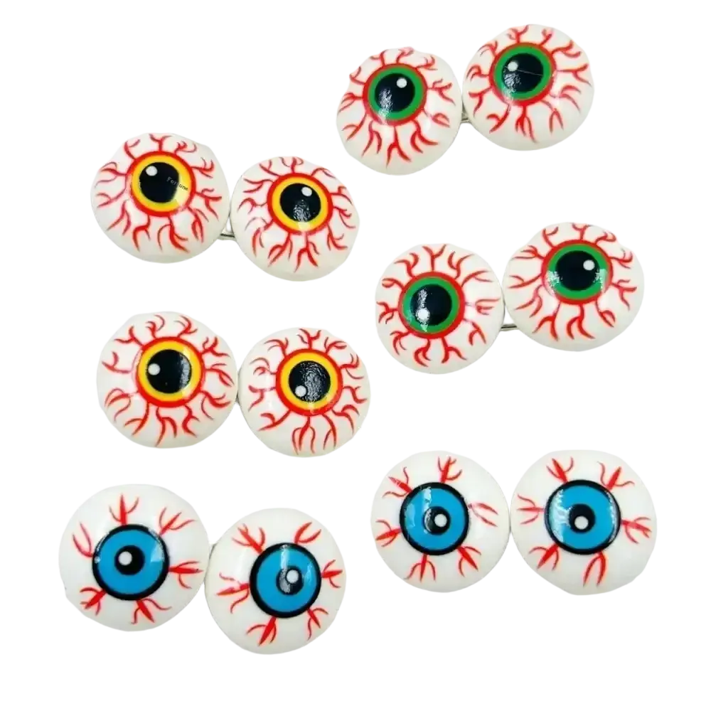 Set of eight plastic halloween eyeball ornaments cufflinks with white sclera red veins and yellow-green or blue irises