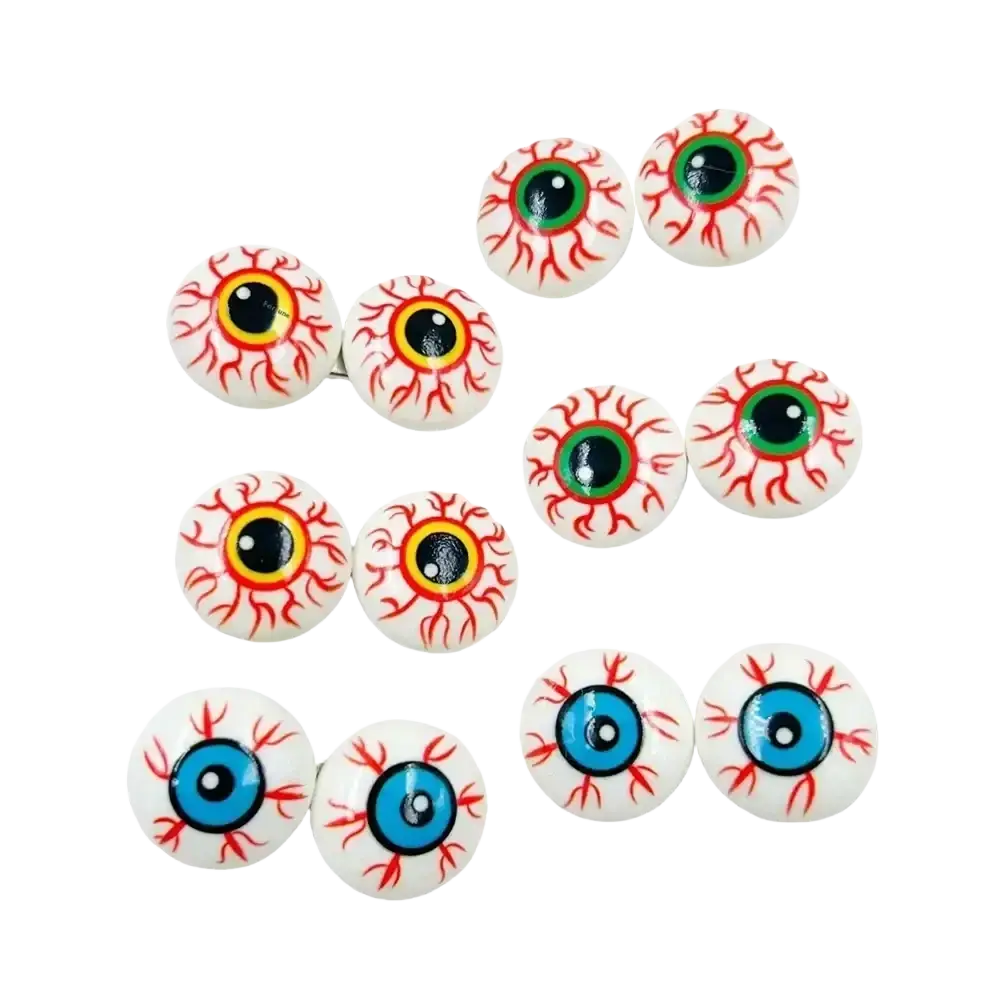 Set of ten plastic halloween eyeball ornaments with red veins and green yellow or blue irises for decoration