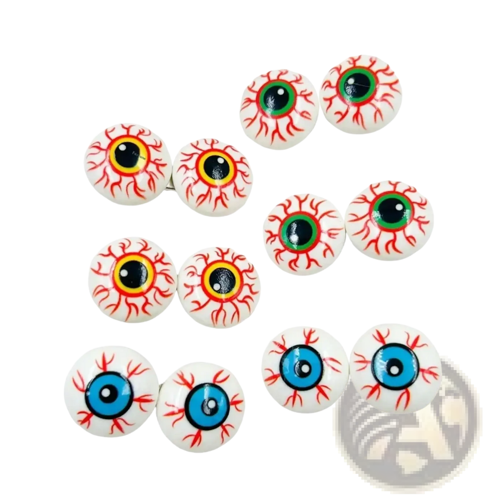 Set of ten white plastic eyeball-shaped Halloween ornaments and hairpins with red veins and green or blue irises