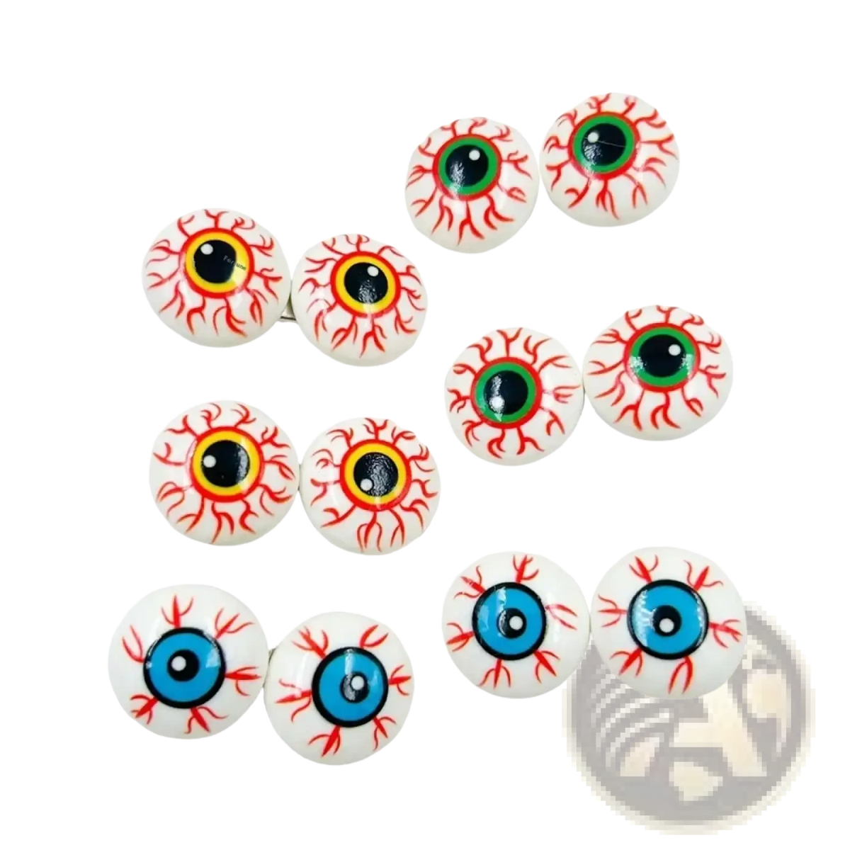 Set of ten white plastic eyeball-shaped Halloween ornaments and hairpins with red veins and green or blue irises