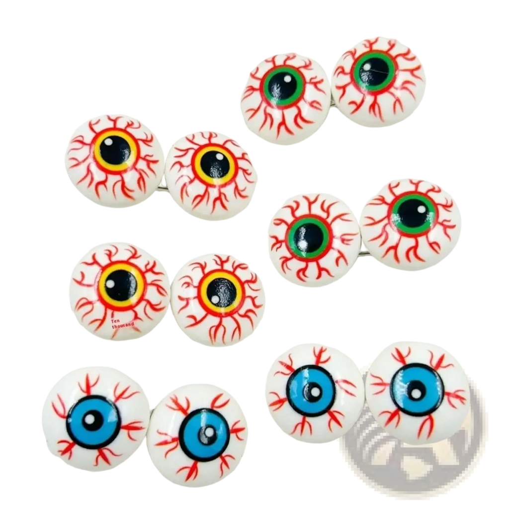 Halloween eyeball ornaments and hairpins featuring white ceramic button-shaped eye charms with colorful irises and red veins