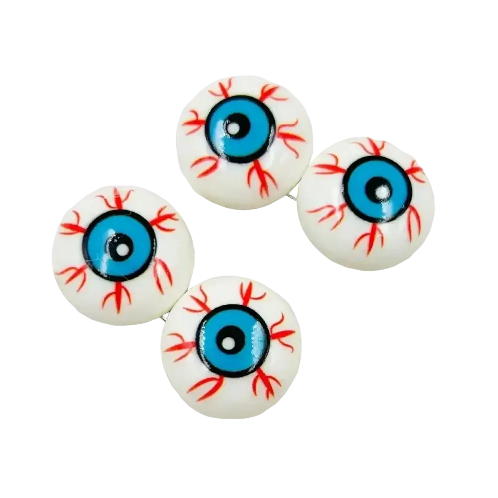 White plastic halloween eyeball ornaments with bright blue irises and red blood vessel details for decor and hairpins
