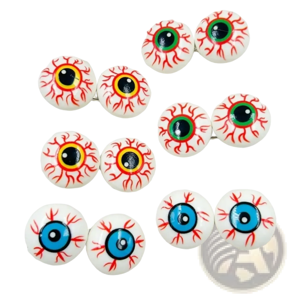 White round resin eye charms with red blood vessels and colorful yellow green or blue irises for halloween ornaments