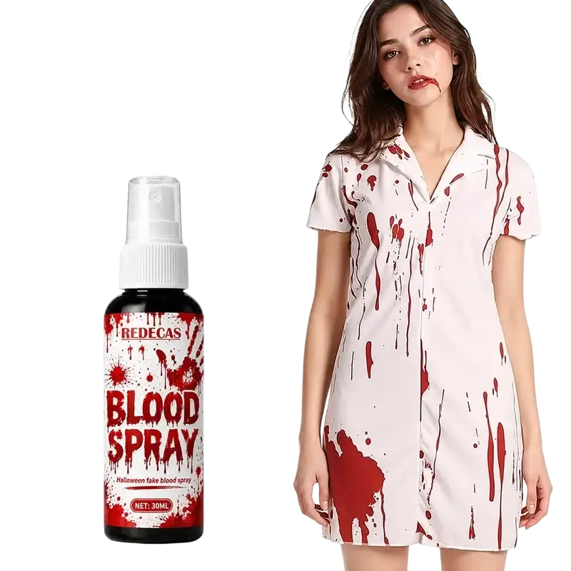 Redecas halloween fake blood spray in black bottle with white label red splatter washable 30ml net volume